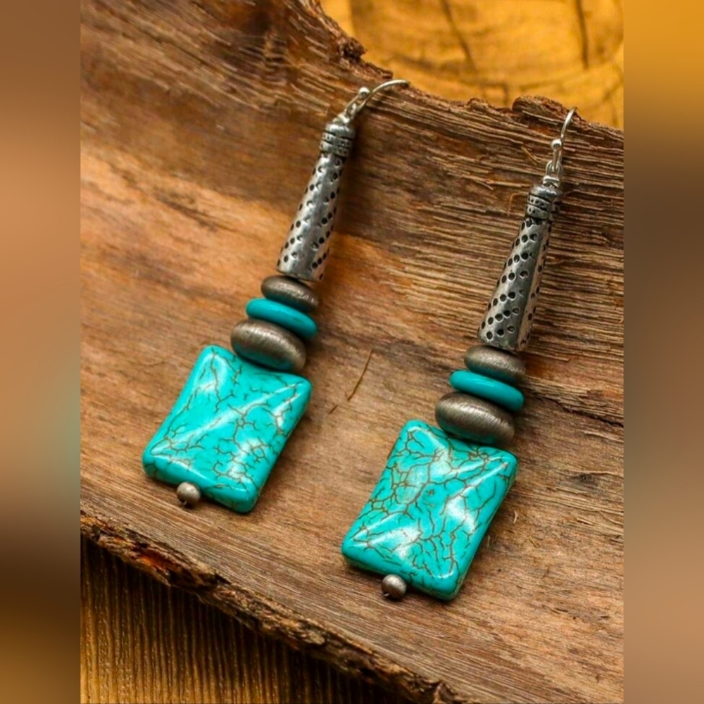 Western Faux Turquoise Dangle Earrings with Textured Accents Bohemian